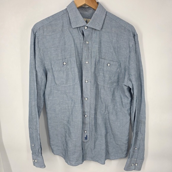 Johnnie-O Long Sleeve Button Up Utility Work Shirt Blue Striped Linen Blend Sz M - Picture 2 of 8